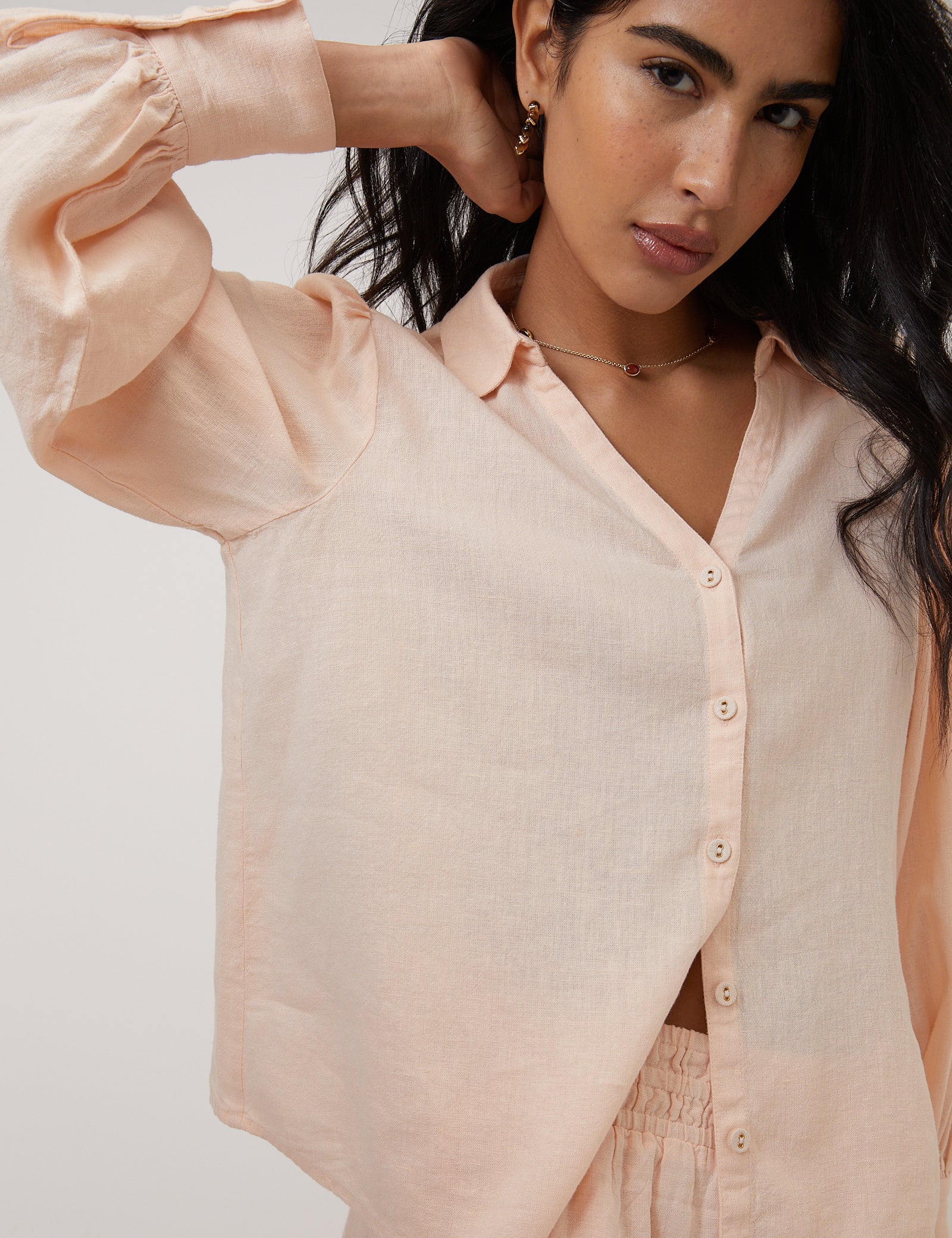 Peach Linen-Blend Blouse