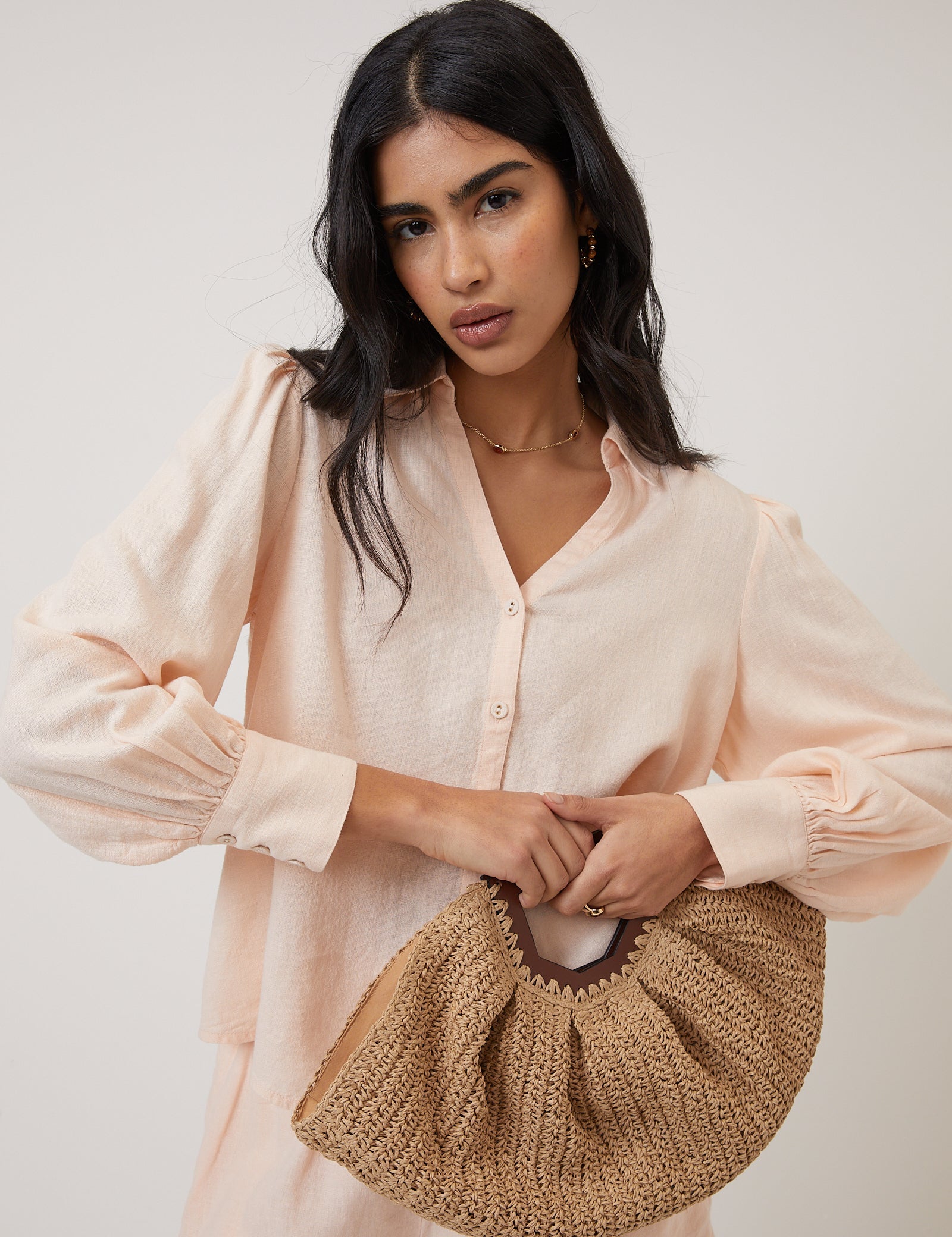 Peach Linen-Blend Blouse