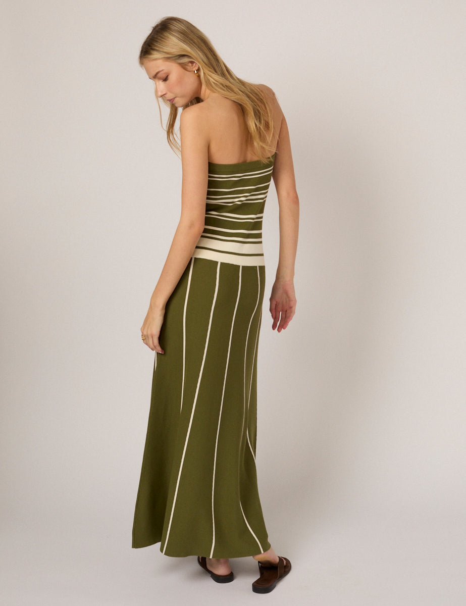Green Striped Bandeau Knitted Midi Dress