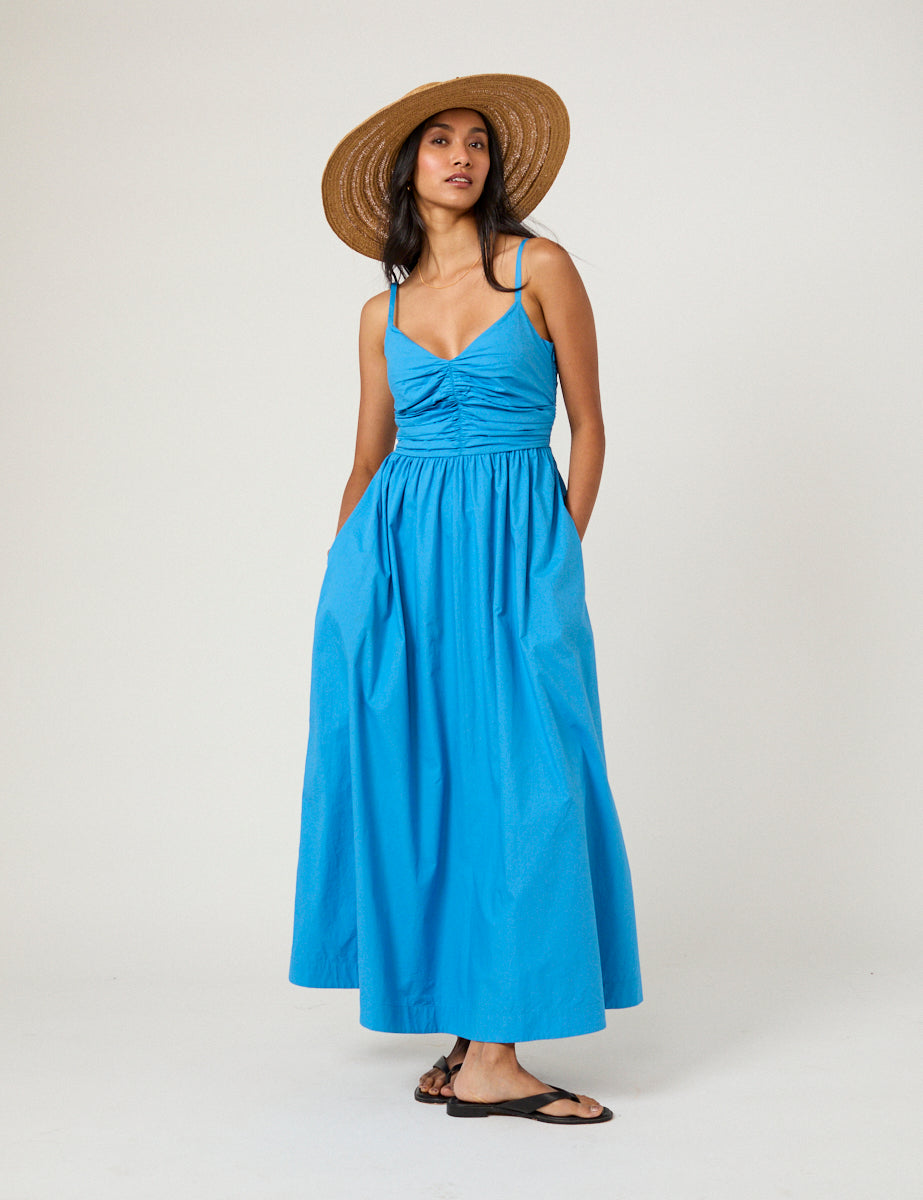 Blue Ruched Paige Maxi Dress