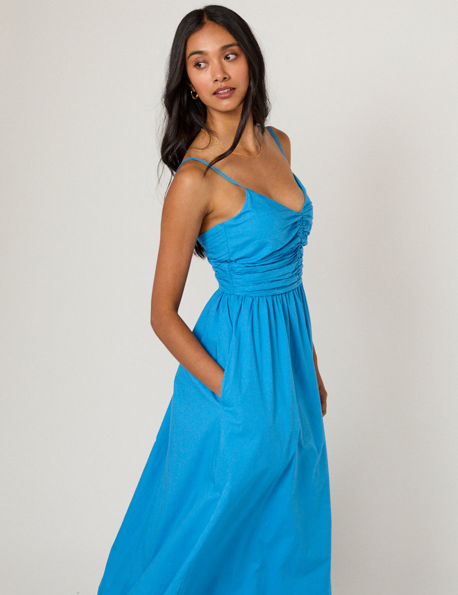Blue Ruched Paige Maxi Dress