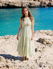 Green Checked Shirred Sleeveless Charlie Midi Dress