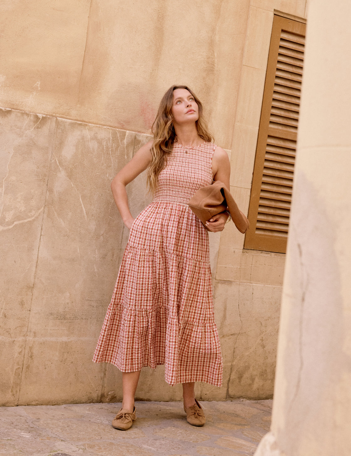 Pink and Red Gingham Shirred Charlie Midi Dress
