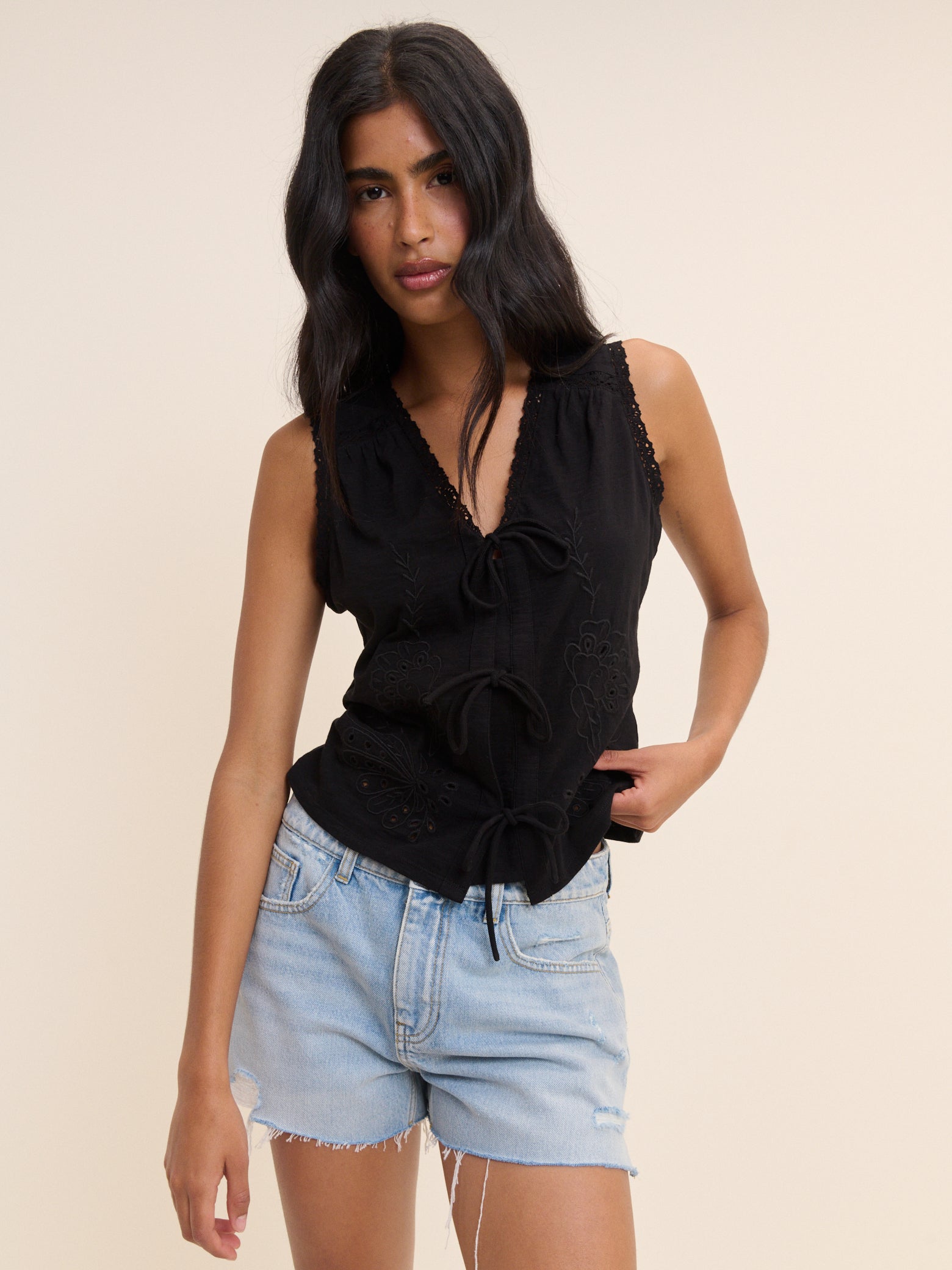 Black Embroidered Tie Front Top