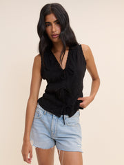 Black Embroidered Tie Front Top