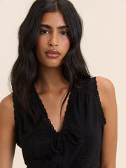 Black Embroidered Tie Front Top