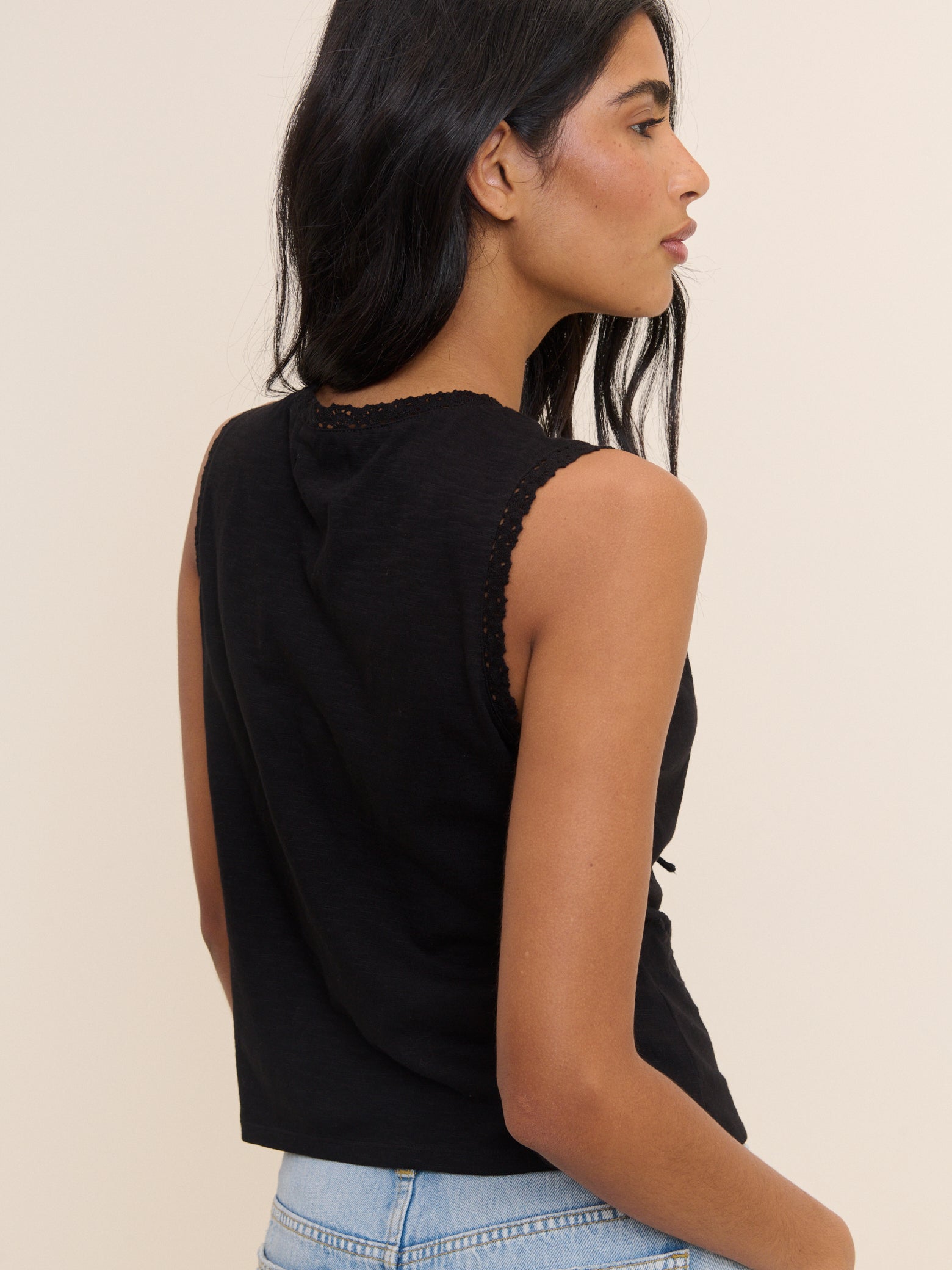 Black Embroidered Tie Front Top
