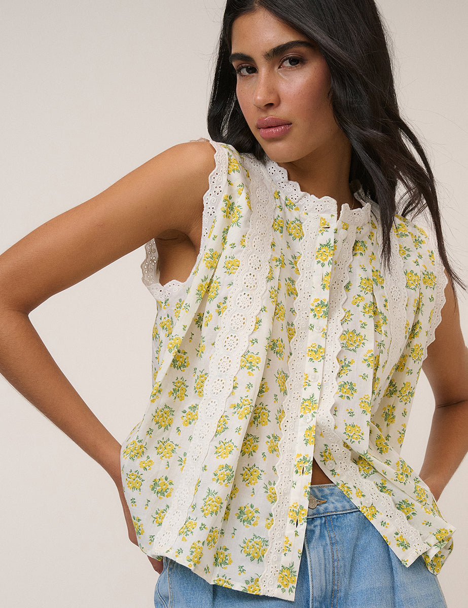 White Floral Broderie Anglaise Trim Blouse