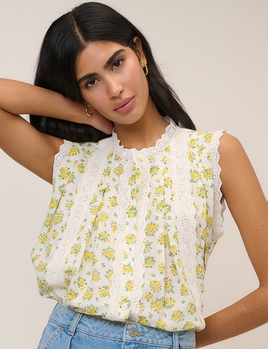 White Floral Broderie Anglaise Trim Blouse
