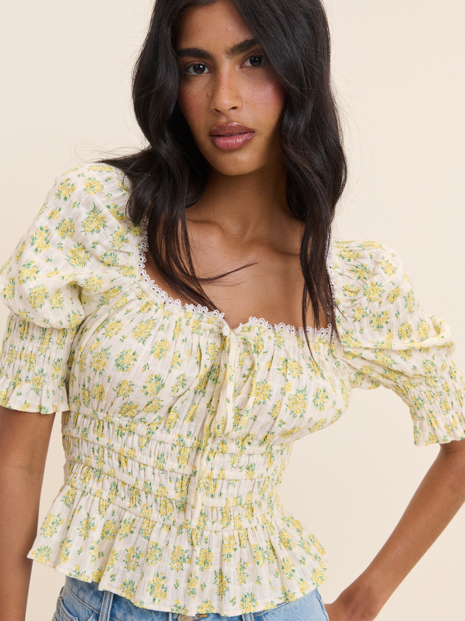 White and Yellow Floral Milkmaid Top