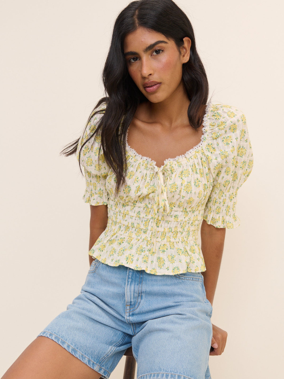 White and Yellow Floral Milkmaid Top