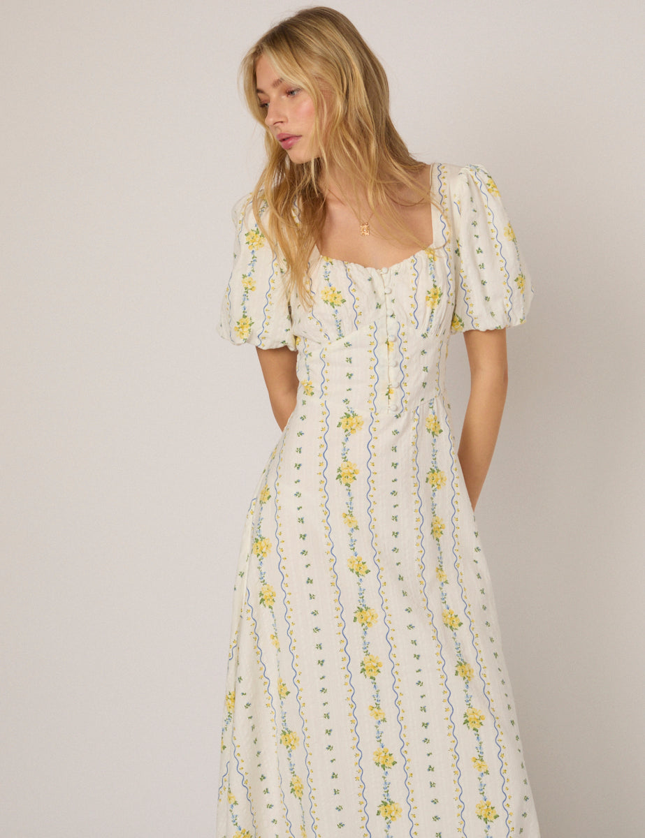 White Floral Puff Sleeve Melody Midi Dress