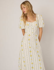 White Floral Puff Sleeve Melody Midi Dress