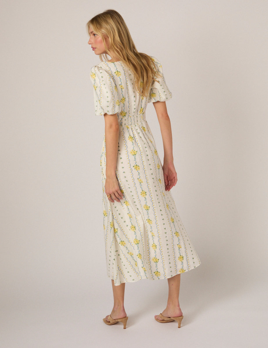 White Floral Puff Sleeve Melody Midi Dress