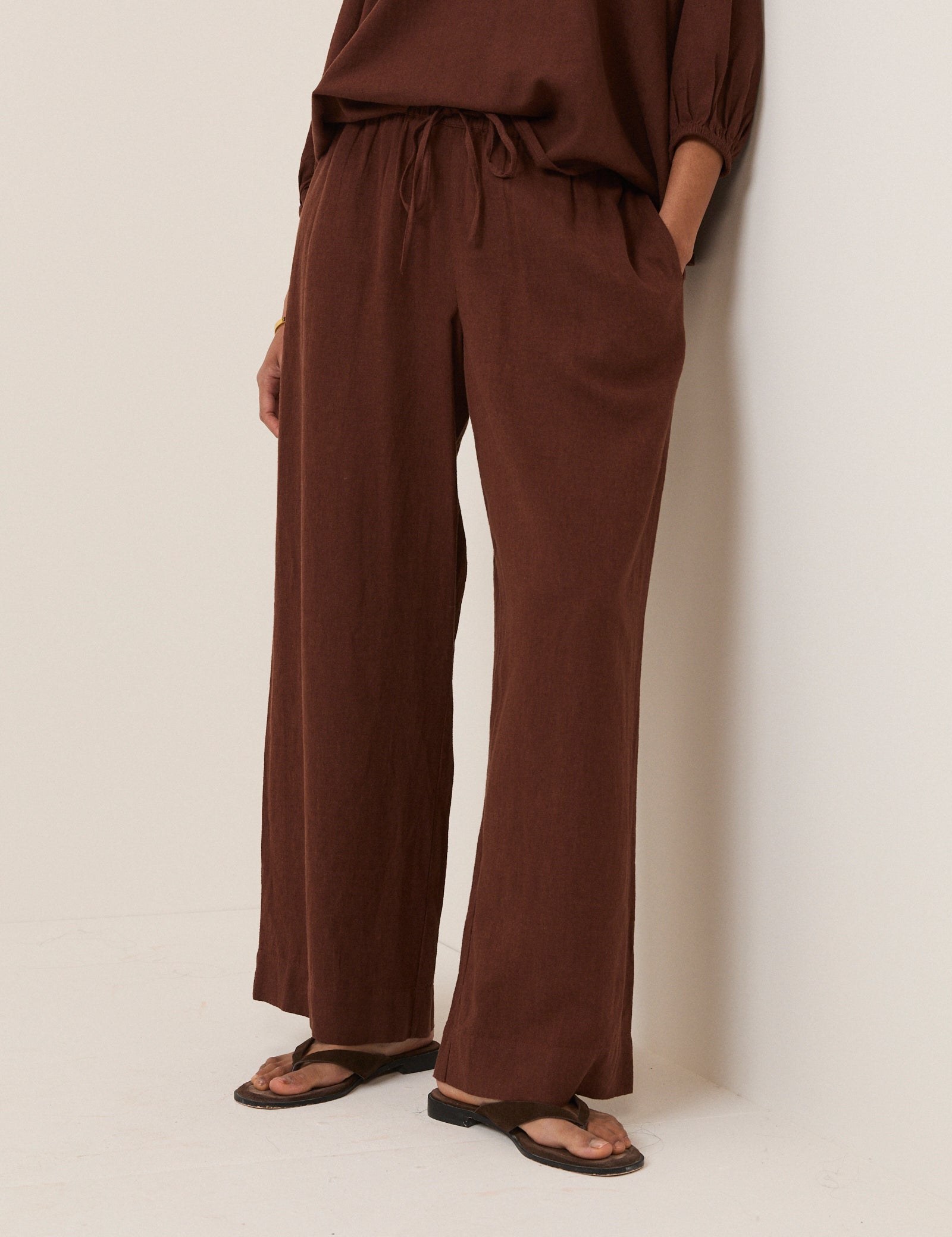 Brown Linen-Blend Low Waisted Straight Leg Trousers