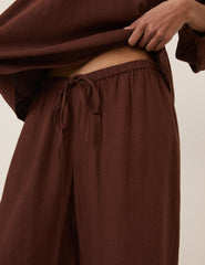 Brown Linen-Blend Low Waisted Straight Leg Trousers