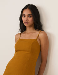 Mustard Yellow Linen-Blend Maddy Midi Dress
