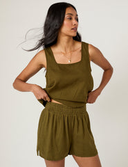 Khaki Linen-Blend Top & Shorts Set