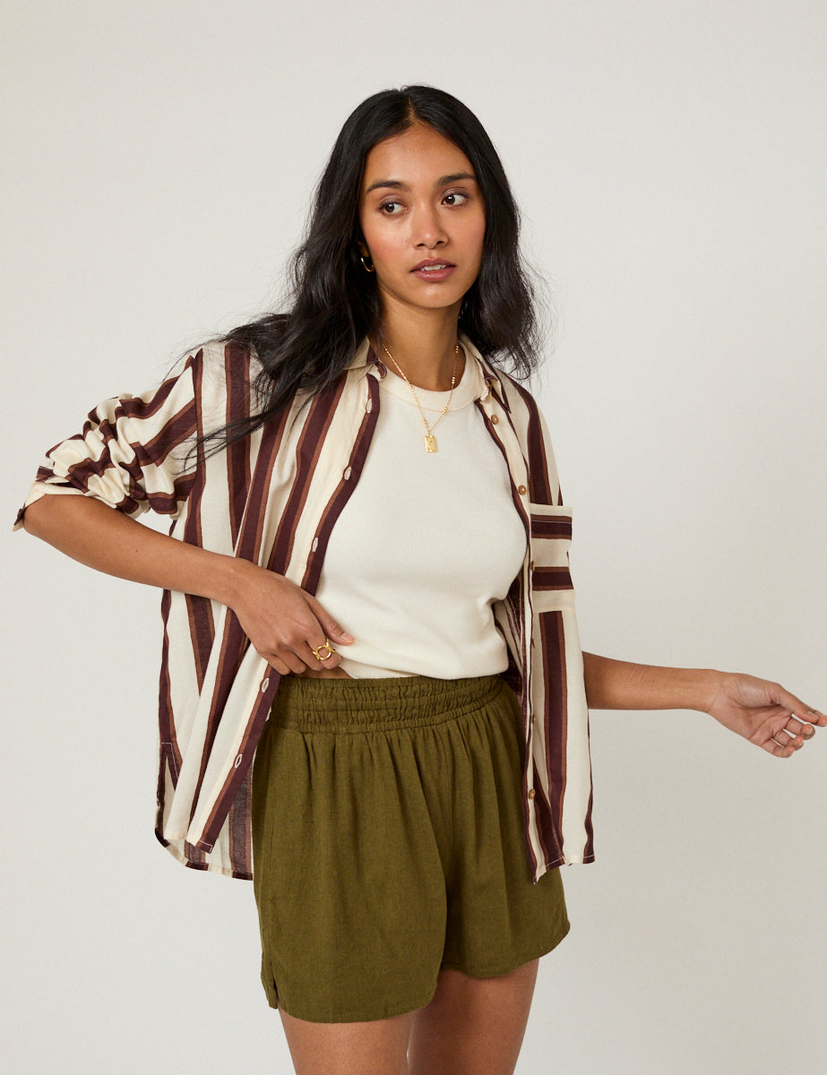 Khaki Green Linen-Blend Elasticated Shorts
