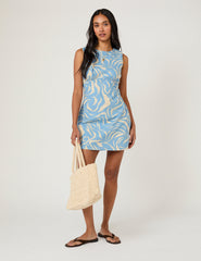 Blue Printed Sleeveless Vicky Mini Dress
