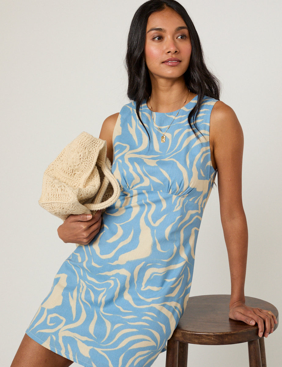 Blue Printed Sleeveless Vicky Mini Dress