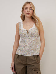 White Floral Sweetheart Neck Top
