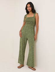 Green Polka Dot Tie Shoulder Jersey Jumpsuit