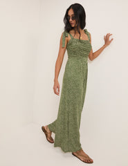 Green Polka Dot Tie Shoulder Jersey Jumpsuit
