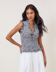Black Gingham Shirred V-Neck Top