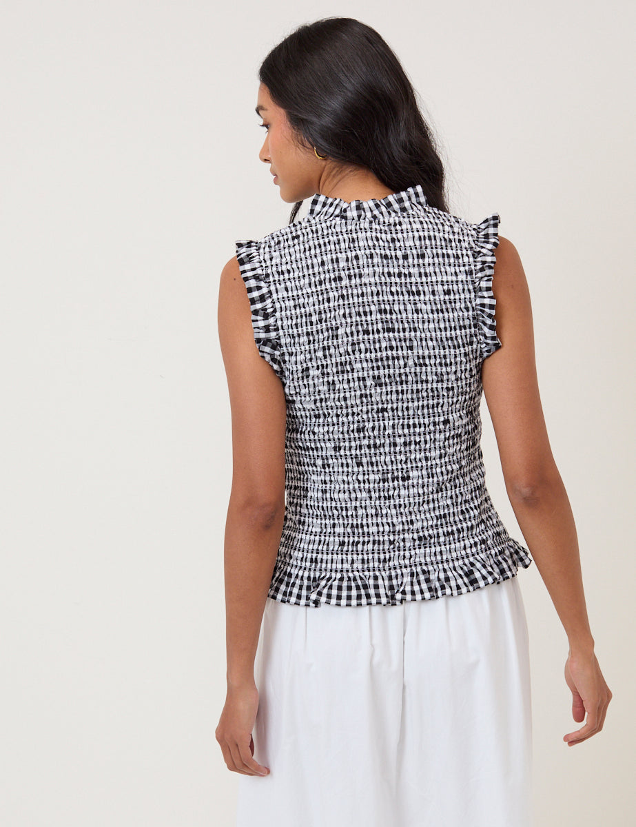 Black Gingham Shirred V-Neck Top