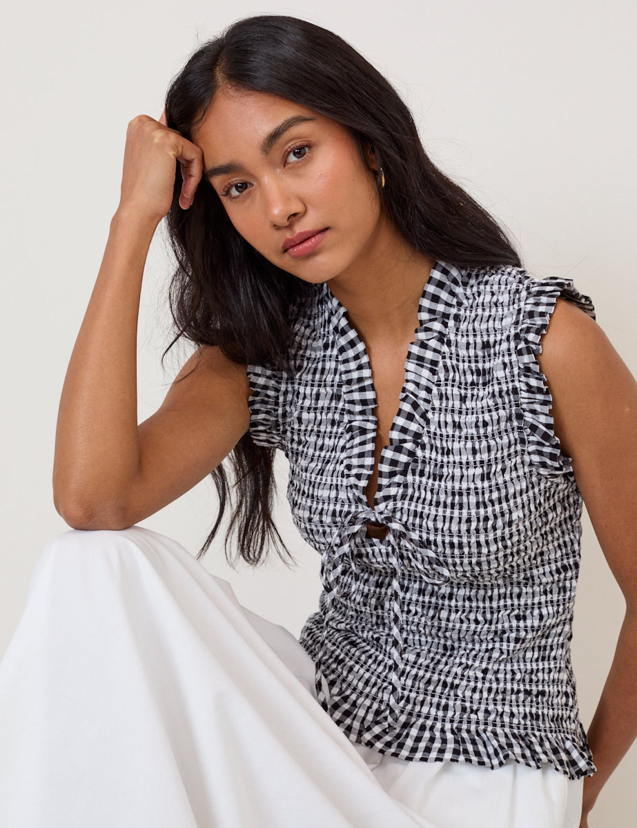 Black Gingham Shirred V-Neck Top