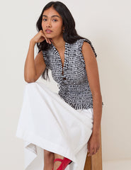 Black Gingham Shirred V-Neck Top