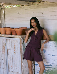 Purple Shirred V-Neck Top