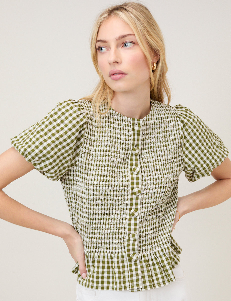 Green Gingham Puff Sleeve Top