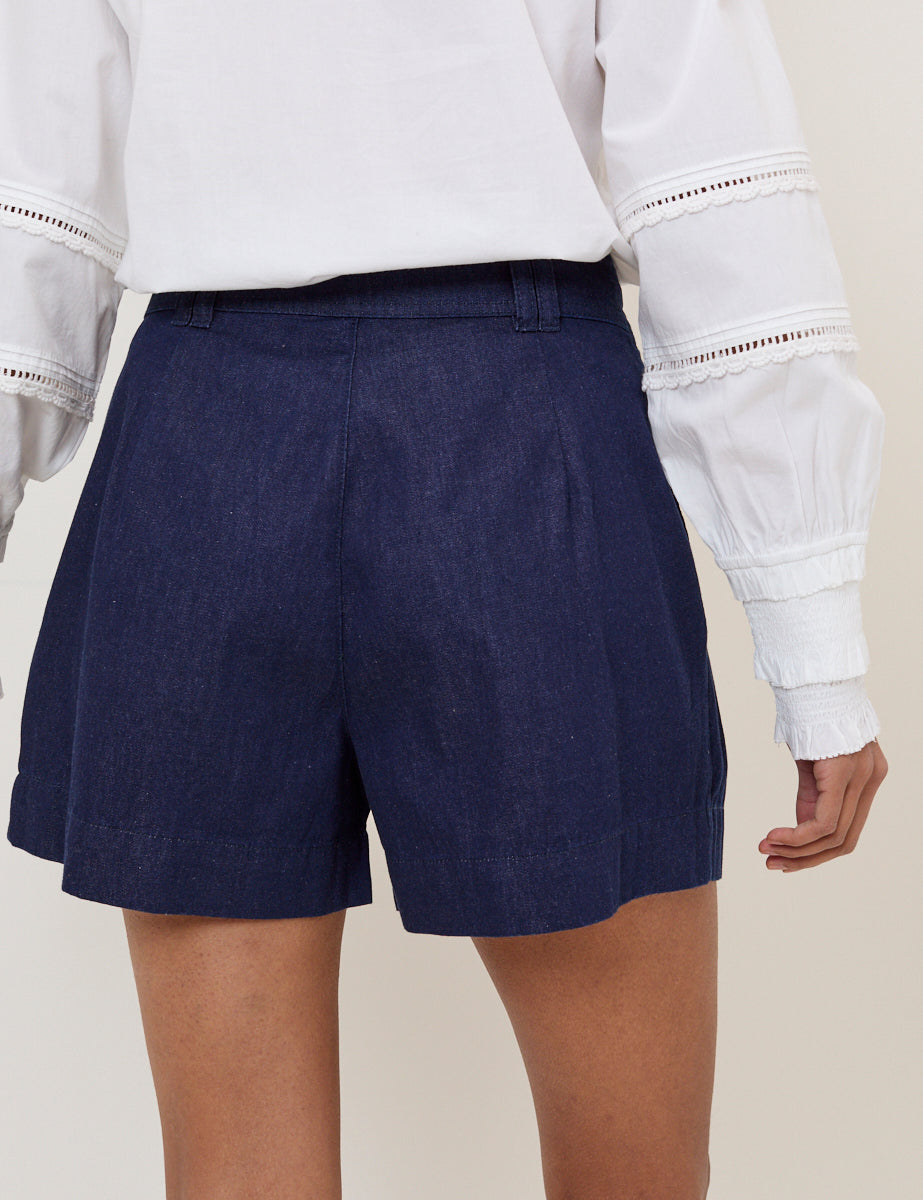 Dark Blue Pleated High Waisted Shorts