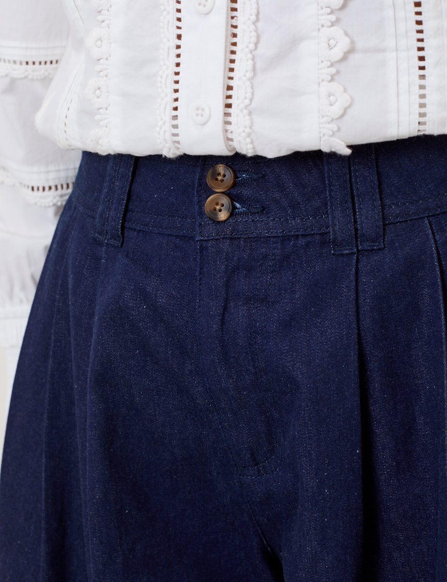 Dark Blue Pleated High Waisted Shorts