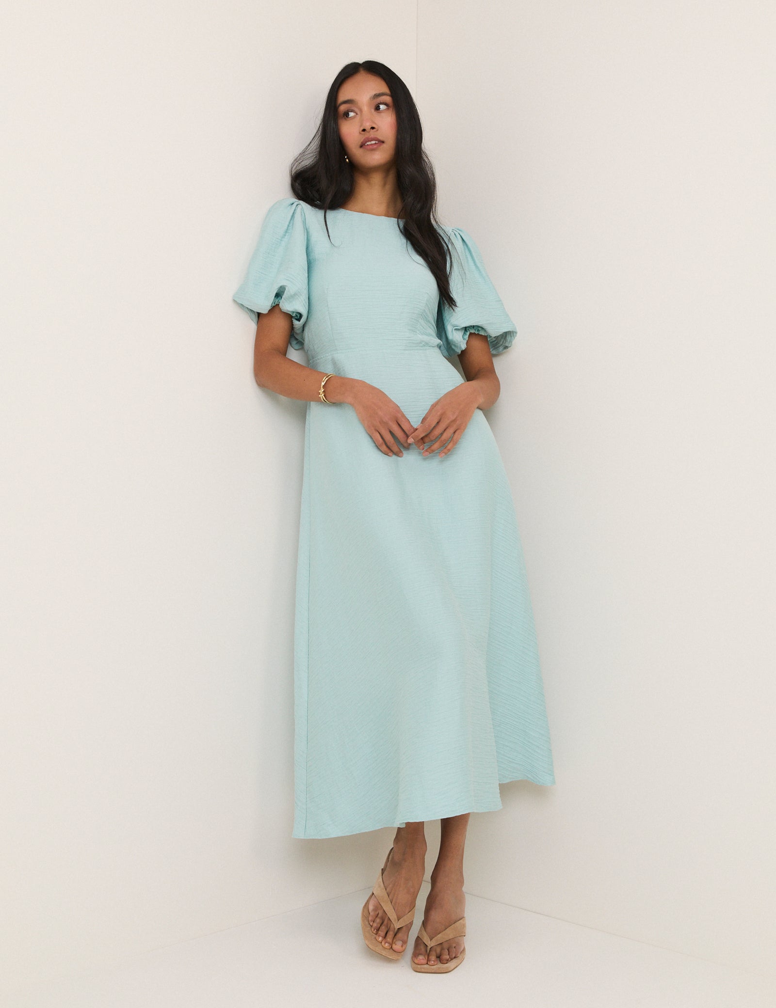 Blue Puff Sleeve Zola Midi Dress