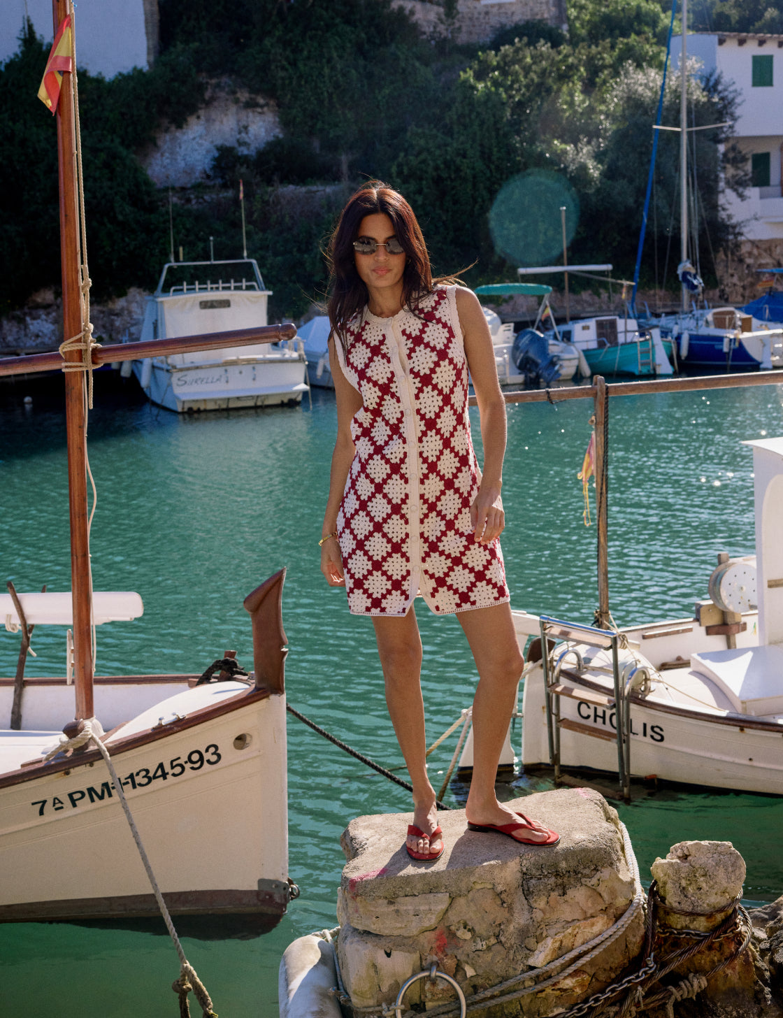 Red and White Crochet Button Through Mini Dress