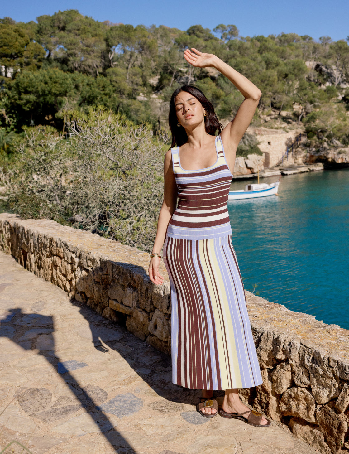 Brown and Blue Striped Drop Waist Knit Dress