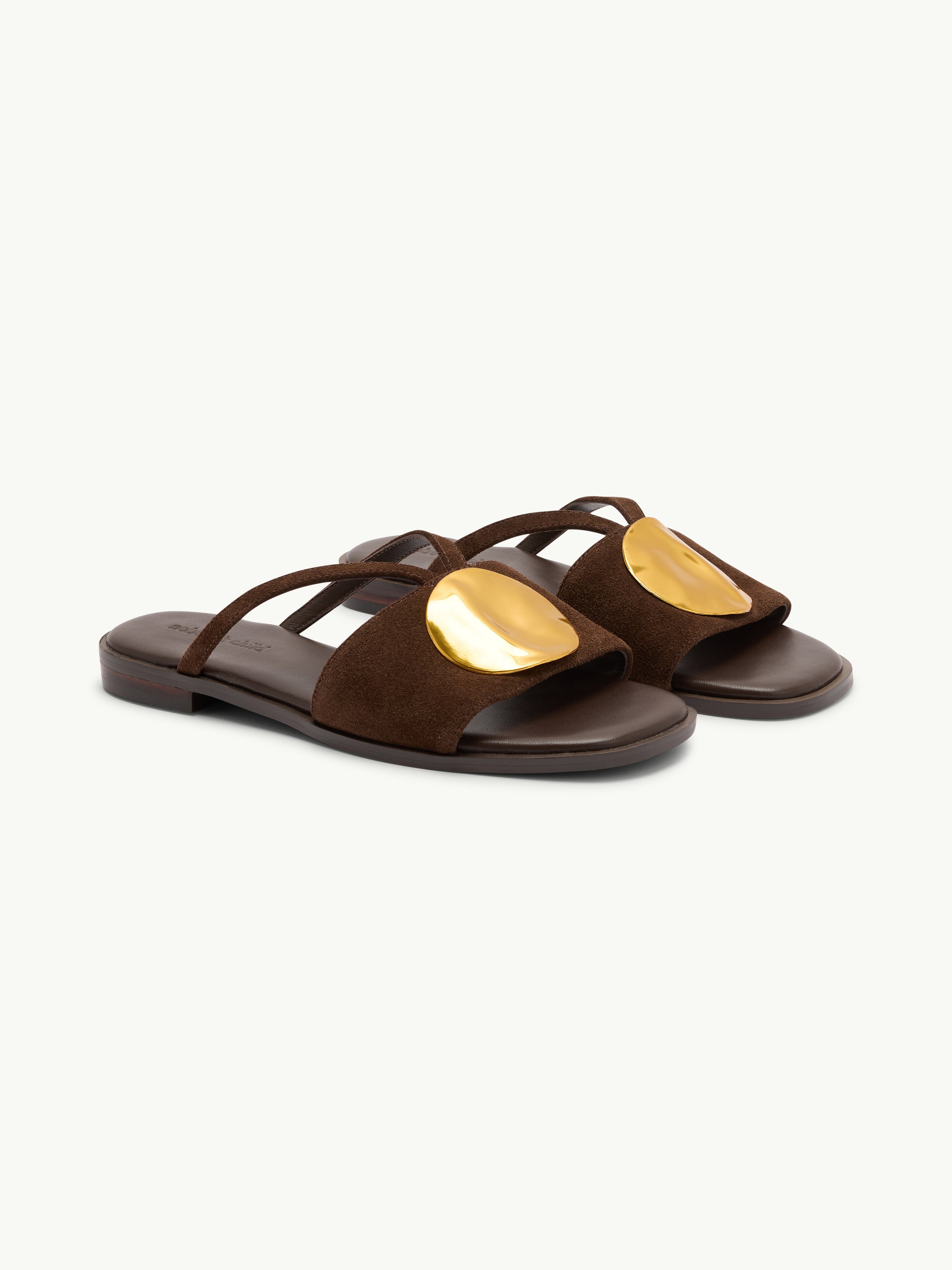 Brown Suede Metal Disc Detail Sandals