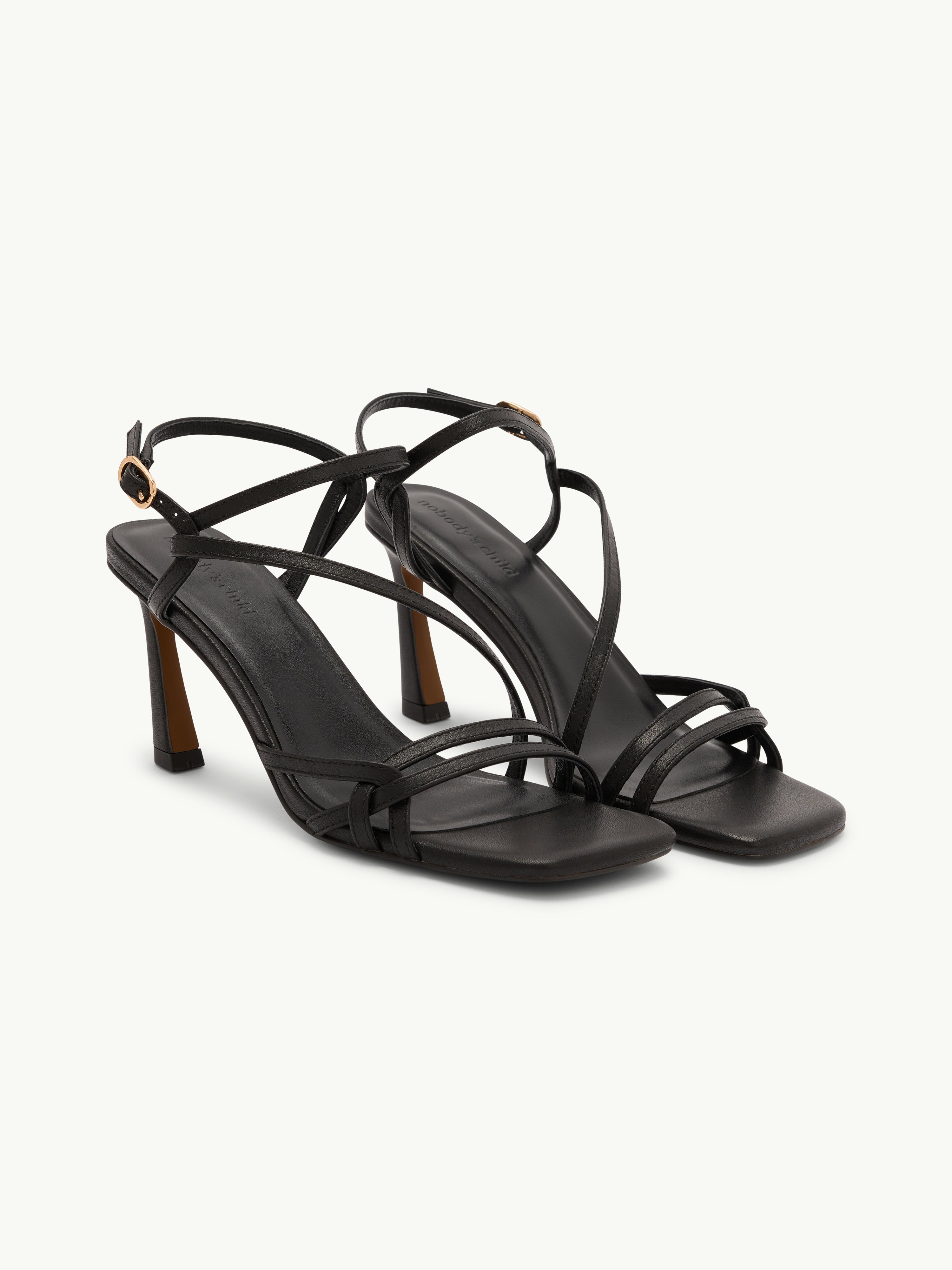 Black Leather Strappy High Heels