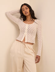 Cream Lace Scoop Neck Cardigan