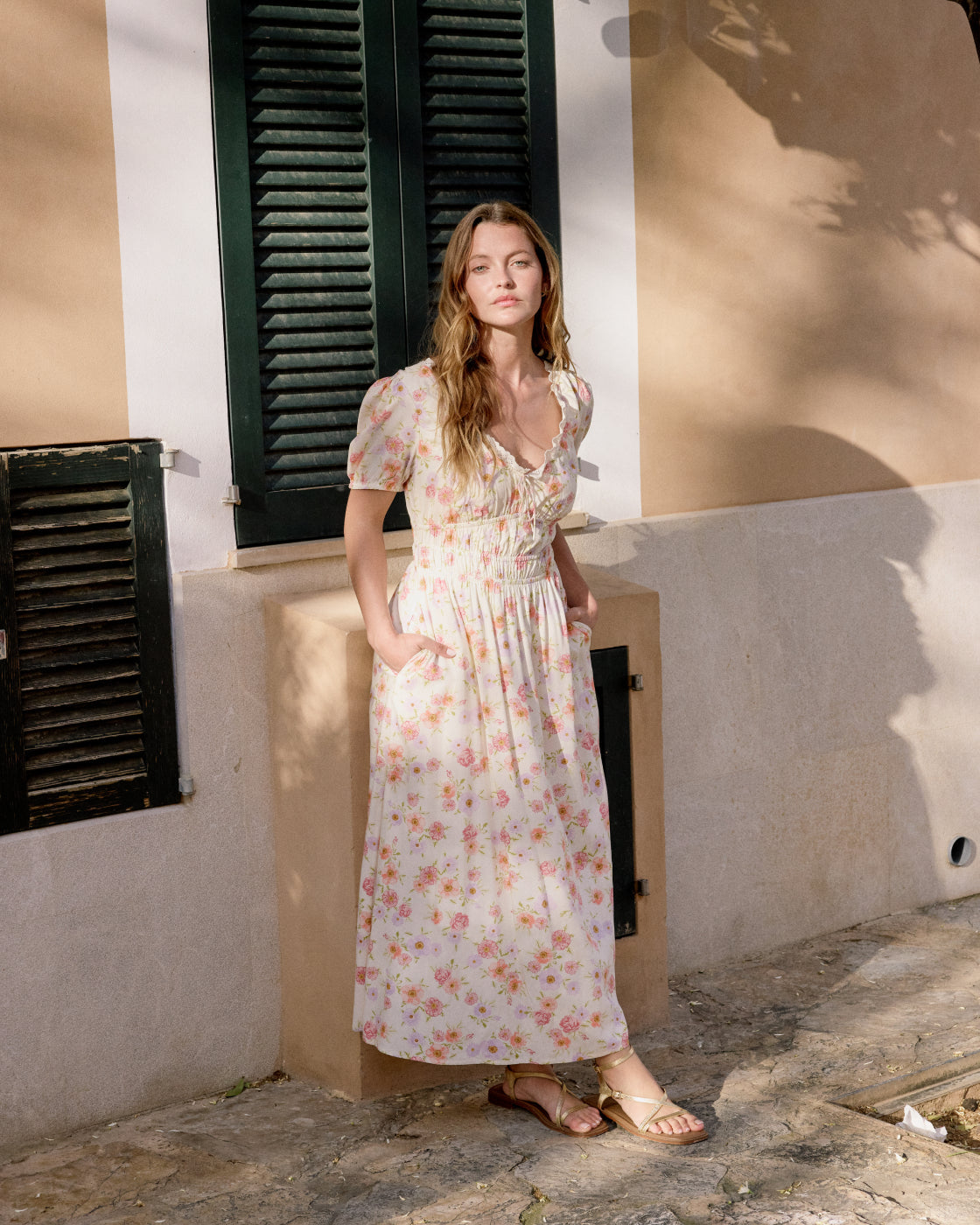 White Floral Short Sleeve Isabella Midi Dress
