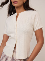 White Pointelle Short Sleeve Top