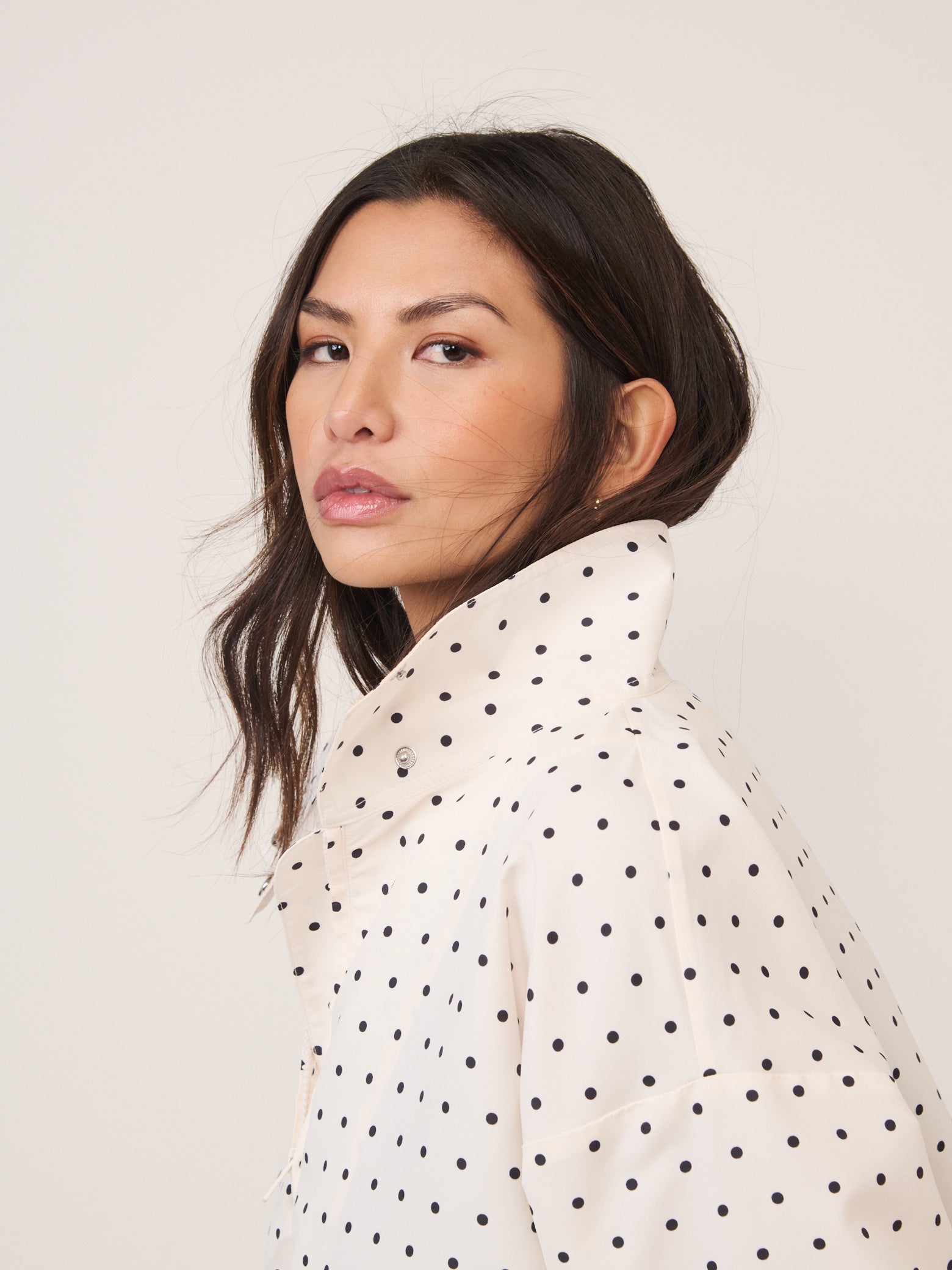 White Polka Dot Funnel Neck Windbreaker Jacket