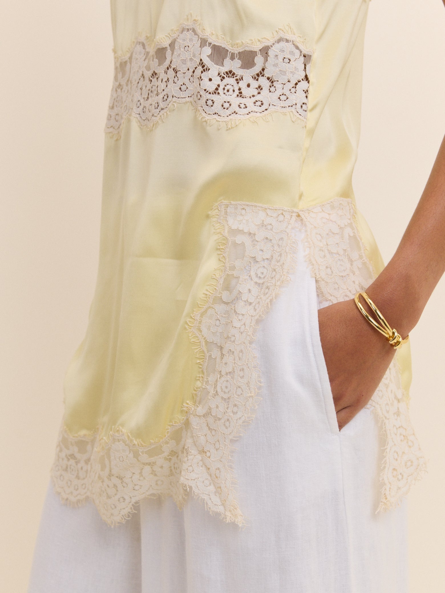 Butter Yellow Lace Trim Satin Cami Top