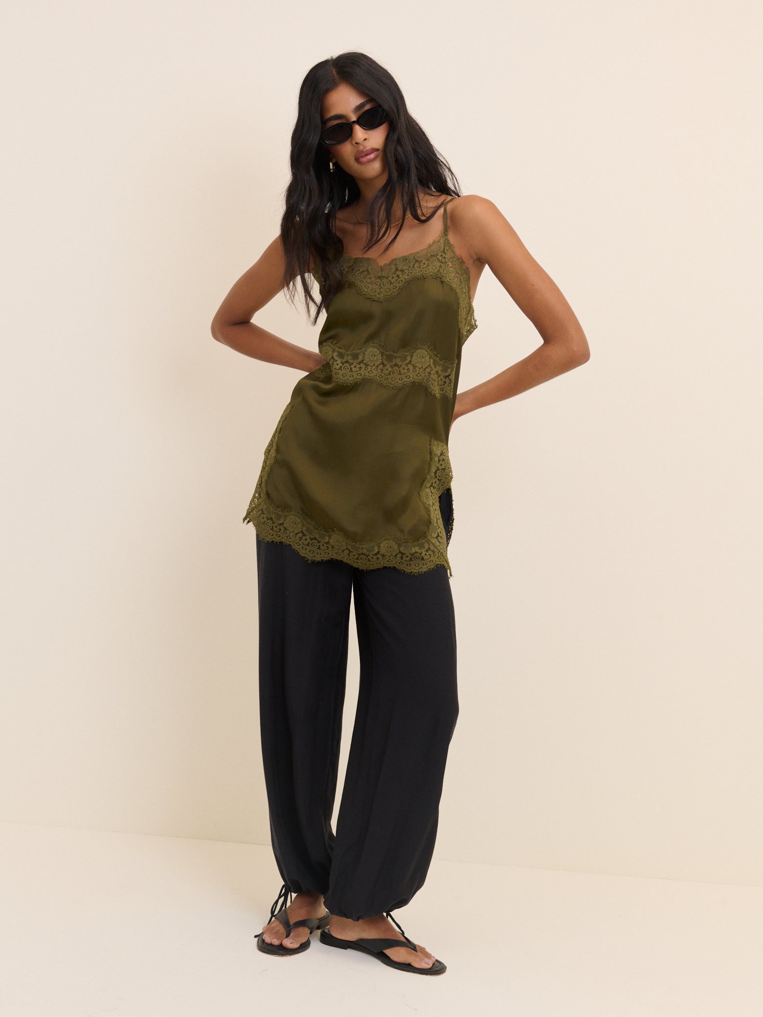 Khaki Lace Trim Satin Cami Top