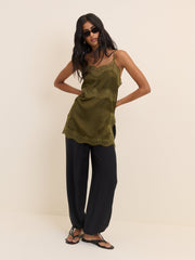 Khaki Lace Trim Satin Cami Top