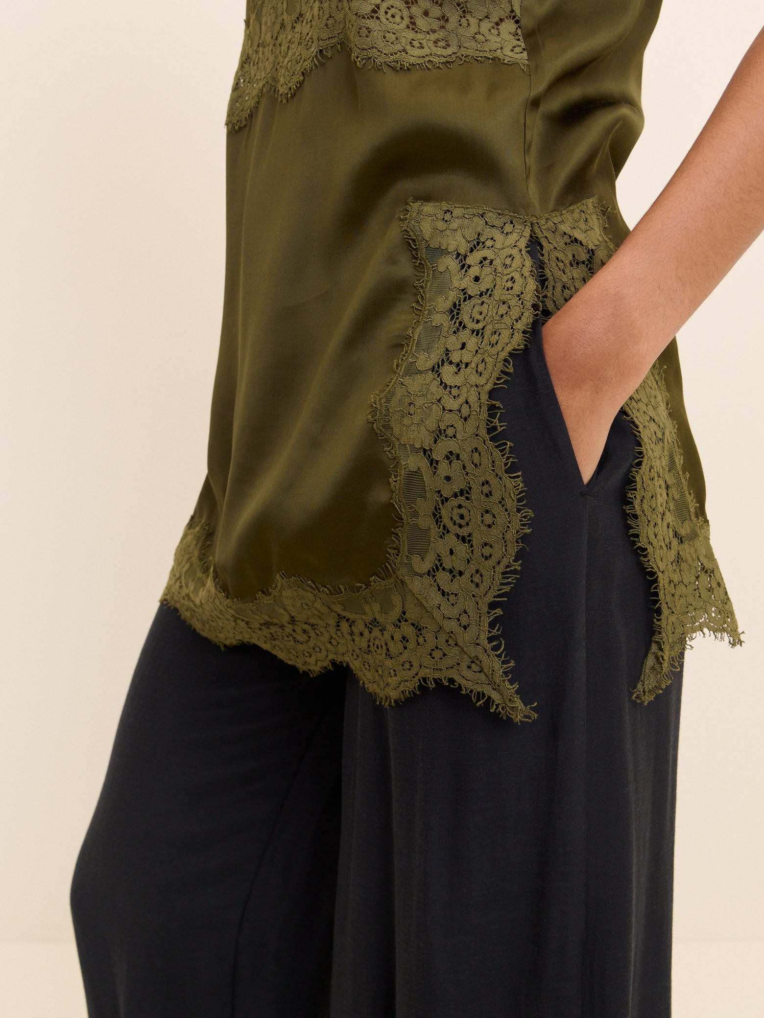 Khaki Lace Trim Satin Cami Top