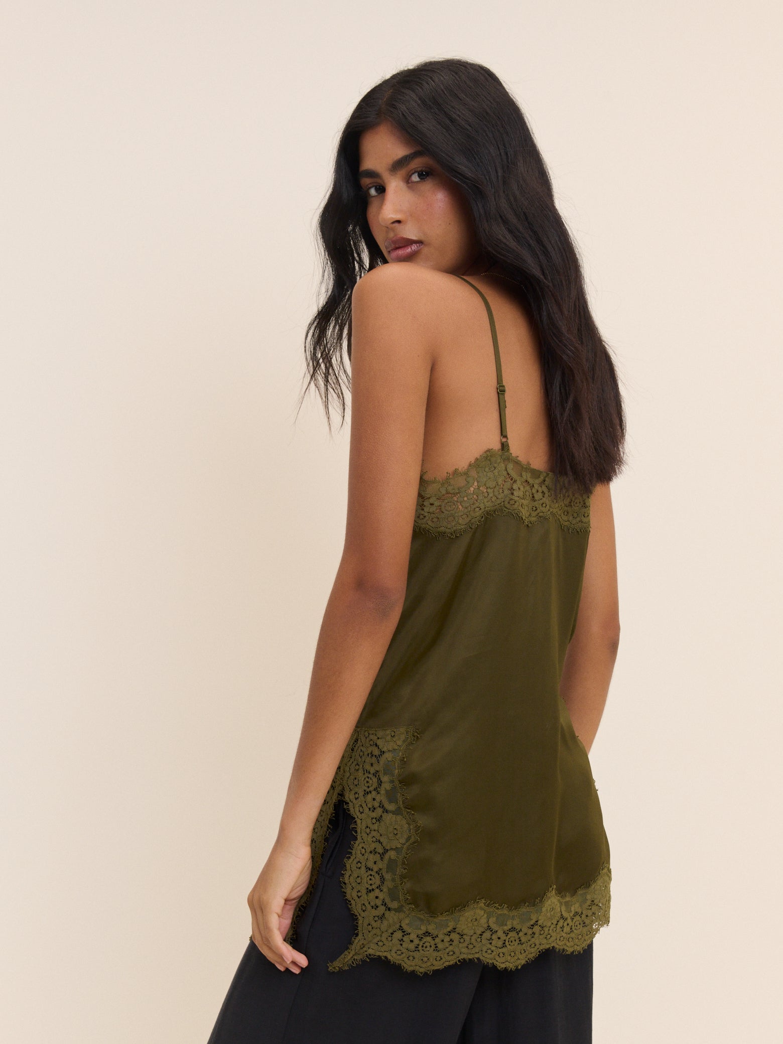 Khaki Lace Trim Satin Cami Top